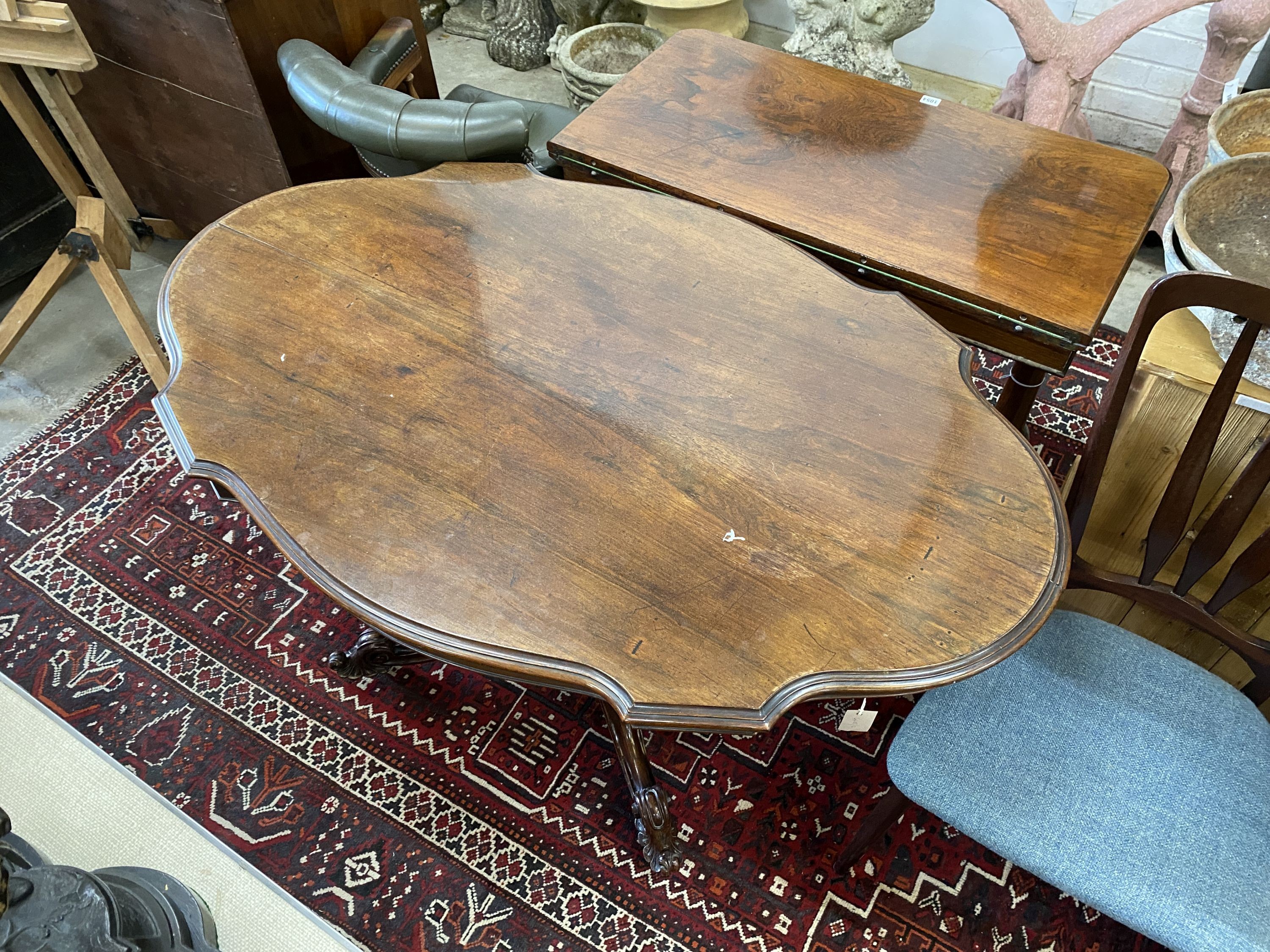A Victorian oval rosewood tilt top centre table, width 132cm, depth 84cm, height 74cm
